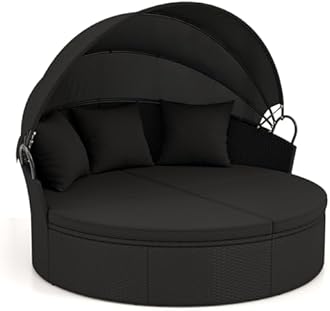 RELAX4LIFE Round Outdoor Daybed with Canopy - Wicker Rattan Sectional Sofa Sunbed w/Cushions & 3 Pillows, Clamshell Conversation Lounger Separated Seating Set for Garden Porch, Patio Day Bed (Dark)