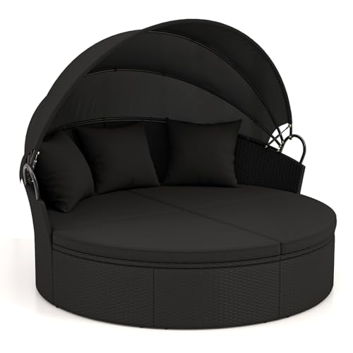 RELAX4LIFE Round Outdoor Daybed with Canopy - Wicker Rattan Sectional Sofa Sunbed w/Cushions & 3 Pillows, Clamshell Conversation Lounger Separated Seating Set for Garden Porch, Patio Day Bed (Dark)