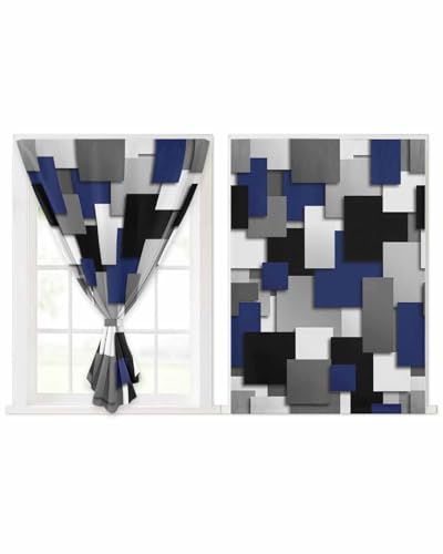 Navy Blue Black Geometric Self Adhesive Portable Curtains for Windows,Thermal