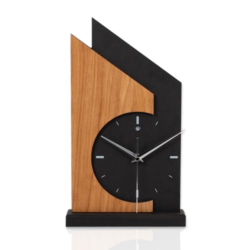 Standuhr „Skyscraper“ aus Holz – Schwarze Tisch-Uhr mit brauner Eiche-Applikation; Größe ca. 34,5x20x5cm (Applikation Eiche braun, leises Quarzuhrwerk)