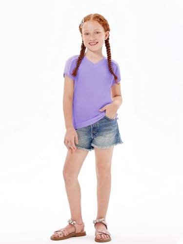 Image of Haloumoning Girls V Neck T-Shirts Kids Summer Swiss Dot Short Sleeve Tops Cute Fashion Tees 5-14 Years