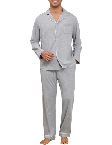 Image of Veseacky Mens 100% Cotton Pajamas Set Long Sleeve Button Down Sleepwear Soft Loungewear Pjs with Pockets