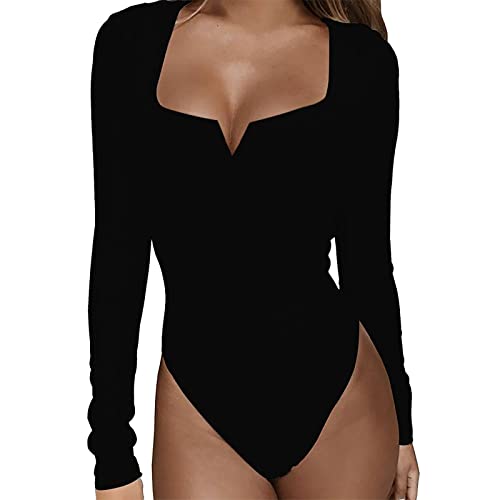 Briskorry Damen Bodysuit Bodys U-Ausschnitt Langarm Schmal Jumpsuit für...