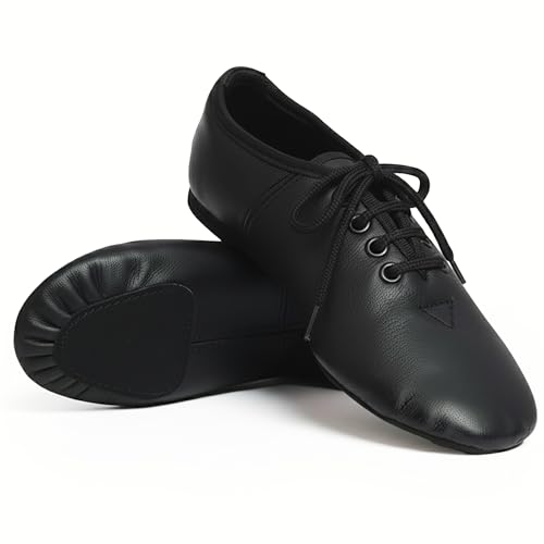 Image of Jazz Dance Black Shoes Modern Stage Shoes, Rubber Split Sole, Pure Leather Jazz Shoes (See Size Guide in Pictures) Lace Up (6)"