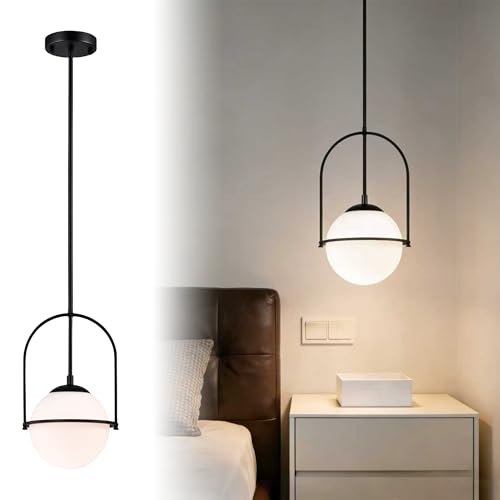 Alighting Black Bedroom Pendant Light with Milk Glass Globe, Modern Bedside Hanging Light, Adjustable Ceiling Light Fixture for Bar, Bedroom, E14