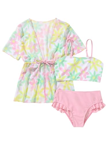 Image of Verdusa Toddler Girl's 3 Piece Swimsuit Floral Print Ruffle Trim Bikini Swimsuit with Kimono Cover Up Multicolor 6Y