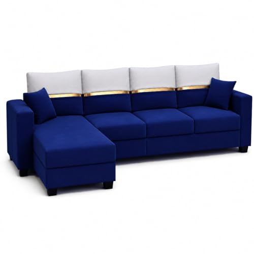 Image of Furny Arvea 5 Seater Fabric LHS L Shape Sofa Set (Blue) | Soft Velvet Fabric | Modern Design | Comfortable Seating | Living Room Furniture