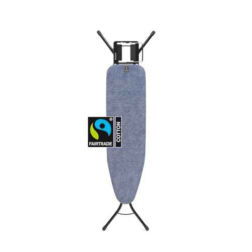 Image of Brabantia Compact Ironing Board with Left /Right Adjustable Steam Iron Rest | Small (Size A) | Fairtrade Denim Blue Cover | Adjustable Height (27-38 inch), Easy Fold, Anti-Collapse Lock, Non-Slip Feet