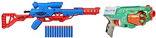 Image of Nerf Elite Disruptor Blaster, 6-Dart Rotating Drum, 6 Nerf Elite Darts, Dynamic Green & Nerf Alpha Strike Wolf LR-1 Blaster with Targeting Scope,12 Official Nerf Elite Darts, Multicolor
