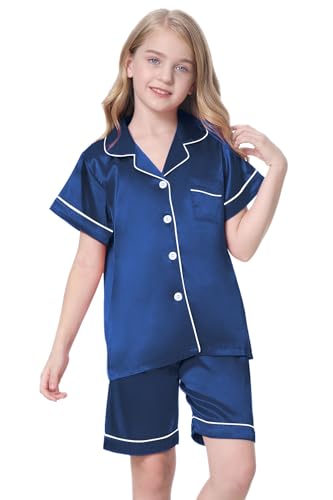 Image of Schbbbta Girls Womens Pajamas, Satin Silky Pjs Set Kids 2Pcs Button-Down Nightwear Sleepwear Gift for Mommy and me