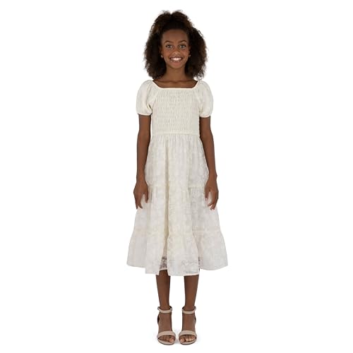 Speechless Girls' Puff Sleeve Square Neck Smocked Floral Midi Dress