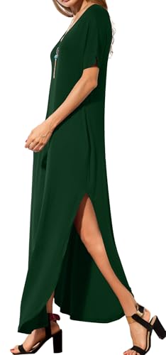 Image of GRECERELLE Women's Summer Maxi Dress Casual Loose V Neck Short Sleeve Side Split Long Dresses with Functional Pockets