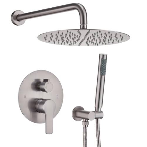 Image of Iriber Brushed Nickel Shower System Wall Mounted Shower Faucet Mixer Set with 12 Inches Rain Shower head and Handheld, Bathroom Shower Trim Kit Contain Pressure Balance Valve