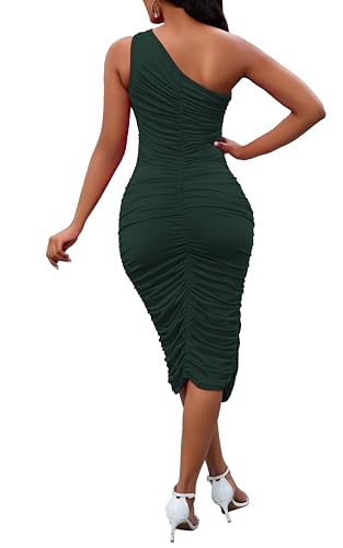 Image of Womens One Shoulder Dress Sexy Ruched Bodycon Midi Party Dress Sleeveless Cocktail Wedding Guest Club Night Outfit