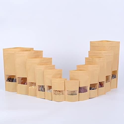 100pcs Packing Zip Lock Kraft Paper Window Bag Stand up Gift Dried Food Fruit Tea Packaging Pouches Zipper Self Sealing Bags (30X40cm)