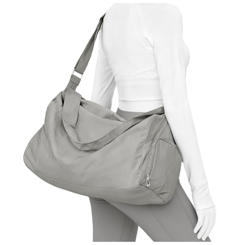 Bolsa de gimnasio pequeña, bolsa de mano, bolsa de lona ligera para entrenamiento, deportes, viajes, fin de semana al hombro, para mujer, color gris