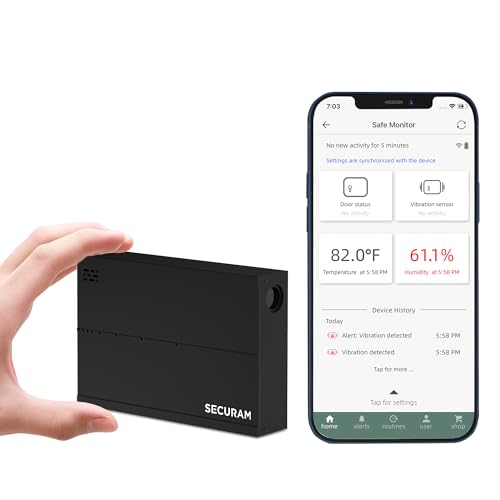 SECURAM Safe Security Monitor for Gun Safe/Safe Box/Cabinet Safe, Remotely Monitor Door Status & Vibration, Temperature and Humidity, 24/7 Monitoring, Safe Monitor with SECURAM Guard App