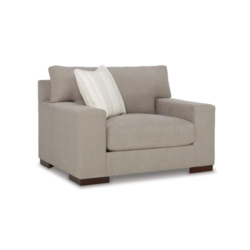 Image of Signature Design by Ashley Maggie Oversized Chair, Cozy Chair and a Half, Plush Chenille, Durable Wood Frame, No Assembly Required, Accent Pillow, For Living Room & Bedroom, Flax Light Gray