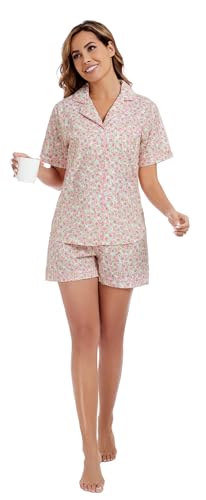 Image of LUBOT 100% Cotton Pajamas for Women 2 Piece PJ Set Poplin Woven Lightweight Ladies Button Short Sleeve Sleepwear S-XXL
