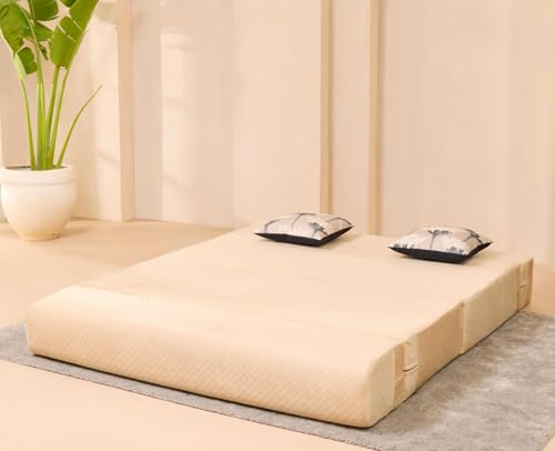 Image of uberlyfe Xtra High, Xtra Soft 3 Seater (5' x 6') Sofa Cum Bed | 1 Year Warranty | 17 inch Sofa Height |Queen Size Foldable Bed | Plush Laser Quilted Fabric |2 Cushions Bloom Pattern |Champagne Beige Color