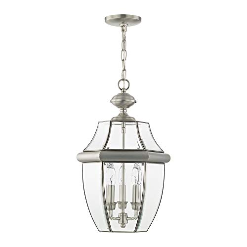 Livex Lighting 2355-91 Monterey 3 Light Outdoor Brushed Nickel Finish Solid Brass Hanging Lantern With Clear Beveled Glass #TOP3