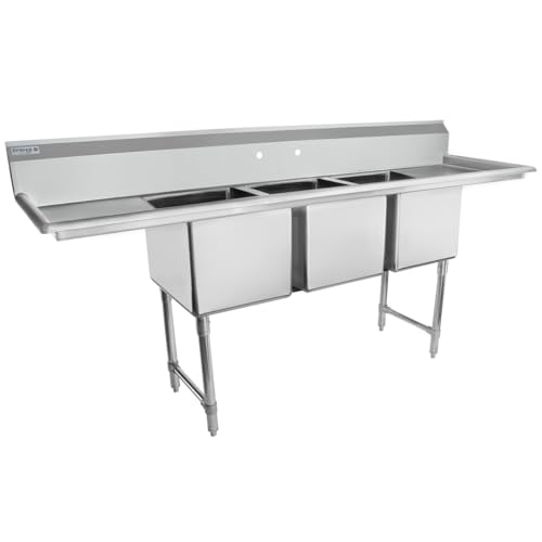 Image of Empura 88 inch Wide Stainless Steel Three Compartment Commercial Sink | Prep Utility 16 inch x 20 inch Bowl for Restaurant Laundry | (2) 18 inch Drainboard, 9.75 inch Backsplash, 88 inchW x 25.5 inchD x 44.25 inchH, 16 Gauge, NSF