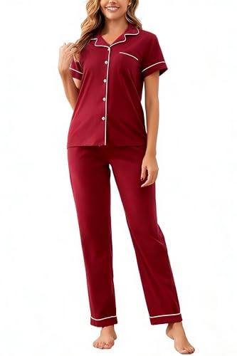 Image of 100% Cotton Pajama Sets for Women 2 Piece Long Sleeve Button Down Pjs Soft Comfy Ladies Sleepwear Lounge Sets S-XL