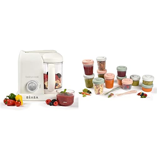 BÉABA, Babycook Solo, procesador de alimentos para bebés 4 en 1, vaporizador, blanco/plateado & Lote de 12 Tarros de Conservación y 2 Cucharas de aprendizaje en Silicona Verde (Eucalyptus)