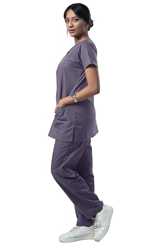 Image of Uniform Craft Women's 4 Pocket Scrub Suit Set | Medical Uniform | Cross V-Neck Poly Cotton | Short Sleeve Hospital Wear | Ideal for Doctors & Nurses (Grey, 3XL)