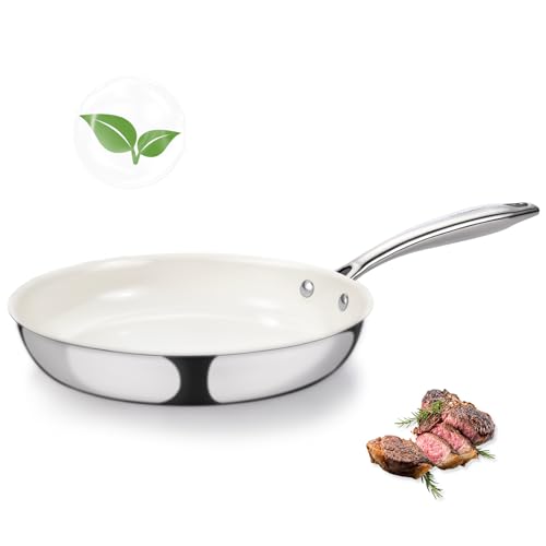Image of SAKAMOSH 8" Tri-Ply Stainless Steel Frying Pan, Nonstick Ceramic Pan, Skillet with Stay-Cool Handle, Non Toxic, PFAS PFOA PTFE Free, Dishwasher & Oven Safe, Induction, Compatible with All Cooktops