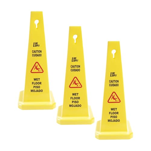 MATTHEW CLEANING 3 Packs 26” Caution Wet Floor Safety Cones for Indoors and Outdoors,Bright Yellow Caution Wet Floor Sign,4-Sided Bilingual Signs,Avoid Fall & Slip Accident