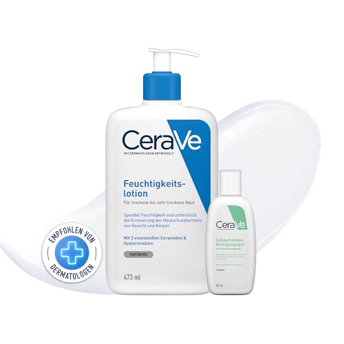 CeraVe Reinigungs-Set, Feuchtigkeitslotion mit Pumpspender (473 ml) und schäumendes Reinigungsgel (88 ml) für Gesicht und Körper, Mit Hyaluron und 3 essenziellen Ceramiden