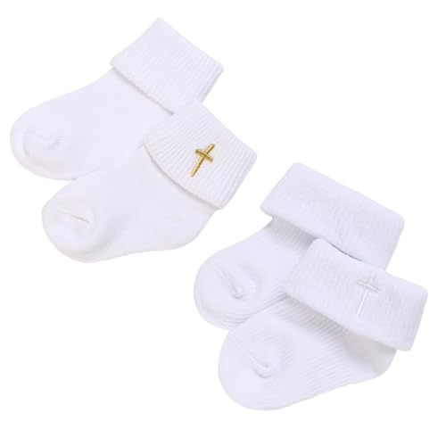 YcsRnn 2 Pair Infant Baby Socks With Cross Embroidery - White Baptism Crew Booties for 0-1 Year Old