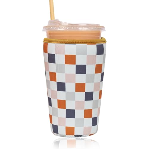 Image of Reusable Insulated Sleeve for Iced Coffee Cup, Coffee Neoprene Sleeve for Cold & Hot Drinks, Beverage Holder for Iced Coffee (Muted Grid, Large: 32oz)