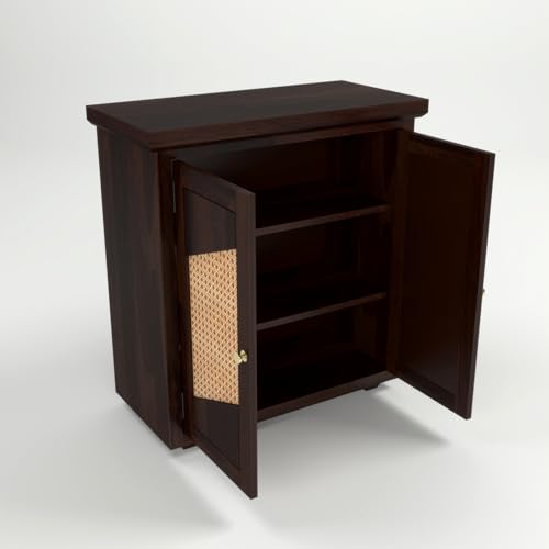Image of Solid Sheesham Wood Sideboard Cabinet for Living Room | Wooden Storage Cabinet with 2 Designer Cane Doors & Shelf | Modern Geometric Rattan Sideboard for Home (Walnut Finish)