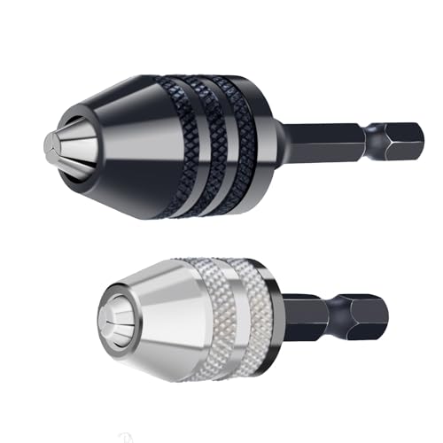 2 Pack Keyless Drill Chuck Adapter 1/4 Hex Shank for Impact Driver Dremel Hand Drill - Universal Drill Chuck with Magnetic & Hammer Drill Features Black Sizes 0.3-6.5mm & Silver Sizes 0.3-3.4mm
