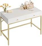 SUPERJARE 31.5' White and Gold Desk with 2 Drawers, Modern Vanity Desk, Small Makeup Table for Home Office Writing Study Bedroom