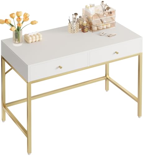 Image of SUPERJARE 31.5 inch White and Gold Desk with 2 Drawers, Modern Vanity Desk