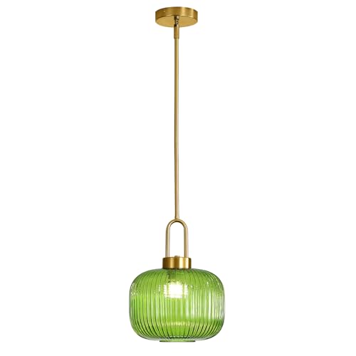Modern Green Glass Pendant Light Fixtures, Mid Century Pendant Lights for Kitchen Island, 9.8" Gold Adjustable Height Ceiling Hanging Light Fixtures for Dining Room Entryway Bedroom Foyer Hallway