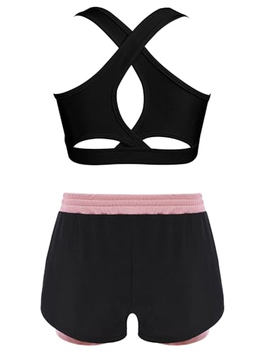 Girls 2-Piece Athletic Set Sleeveless Cross Back Crop Top with Double-Layer Contrast Shorts for Workouts2