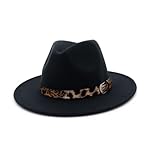Womens Felt Panama Hat Classic Wide Brim Fedora Hat Cap with Leopard Belt Buckle (Head Circumference 22-22.8inch) Black