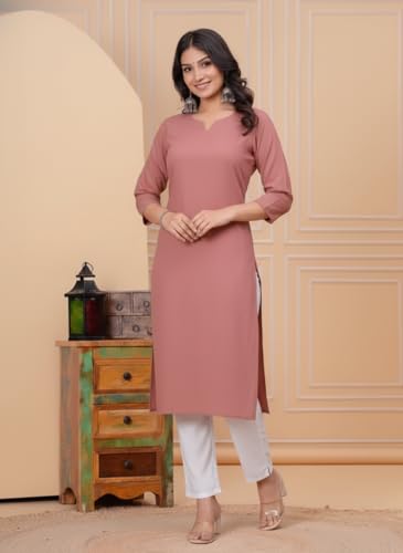 Image of Cotton Linen A-Line Long Kurti for Women Elegant V-Neck Regular Fit Solid Kurta Daily Formal Office Festival Wear