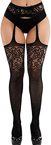 Image of Women's Floral Fishnet Stockings with Attached Garter Belt