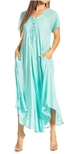 Image of Sakkas Egan Long Embroidered Caftan Dress /Cover Up with Embroidered Cap Sleeves