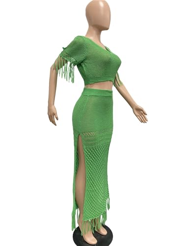 Image of CALEBGAR 2 Piece Outfits for Women Sexy Crochet Tassel Split Midi Dress Summer V Neck Knitted Hollow Crop Tops Y2K Streetwear