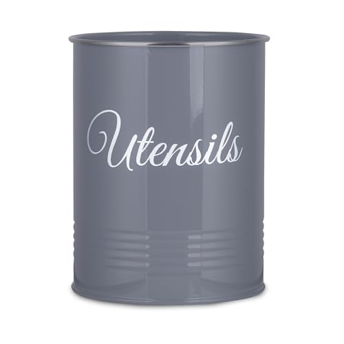 Innoteck Utensil Holder Metal Powder Coated Cutlery Organiser Pot for Kitchen Countertop Farmhouse Style Rust Proof With Non Slip Base for Spoons, Spatulas, Knives, Forks & Cooking Utensils, Grey