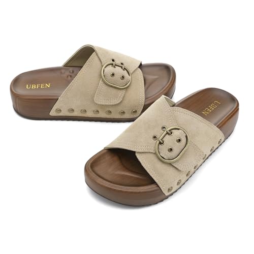 Image of UBFEN Womens Platform Slide Sandals | Real Leather,Buckle Sandals with Cushioned Flatform Footbed,Comfortable for Walking,Arch Support,Casual Styling