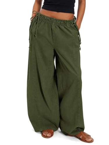 Fisoew Womens' Wide Leg Pants Casual Low Rise Loose Drawstring Elastic Waisted Cotton Fall Pants Army Green - image 1