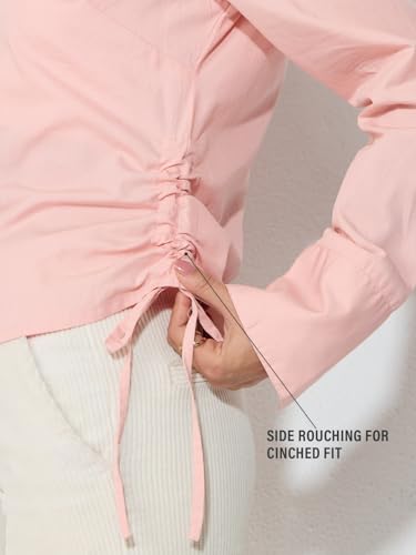 Image of The Souled Store Tailored Solids: Blush Women and Girls Full Length Spread Collar Pink Solid Cotton Slim Fit Adjustable Side Ruching Breathable Lightweight Everyday Shirt