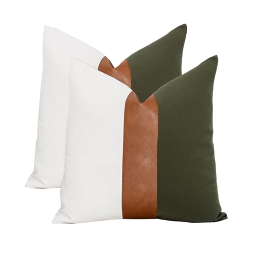 Vfuty Set of 2 Farmhouse Cotton Throw Pillow Covers 18x18 Decorative Rustic Pillow Case Olive Green and White Square Cushion Case for Sofa Couch Bed Modern Faux Leather Pillowcase